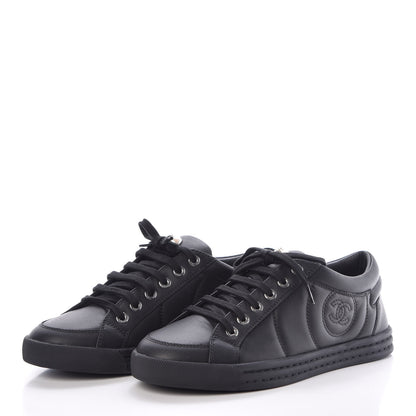 Chanel Oily Calfskin Pearl Low Top CC Sneakers 37.5 Black 3 of 9