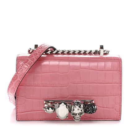 Alexander McQueen Calfskin Crocodile Embossed Mini Jeweled Knuckle Satchel Pink 1 of 10