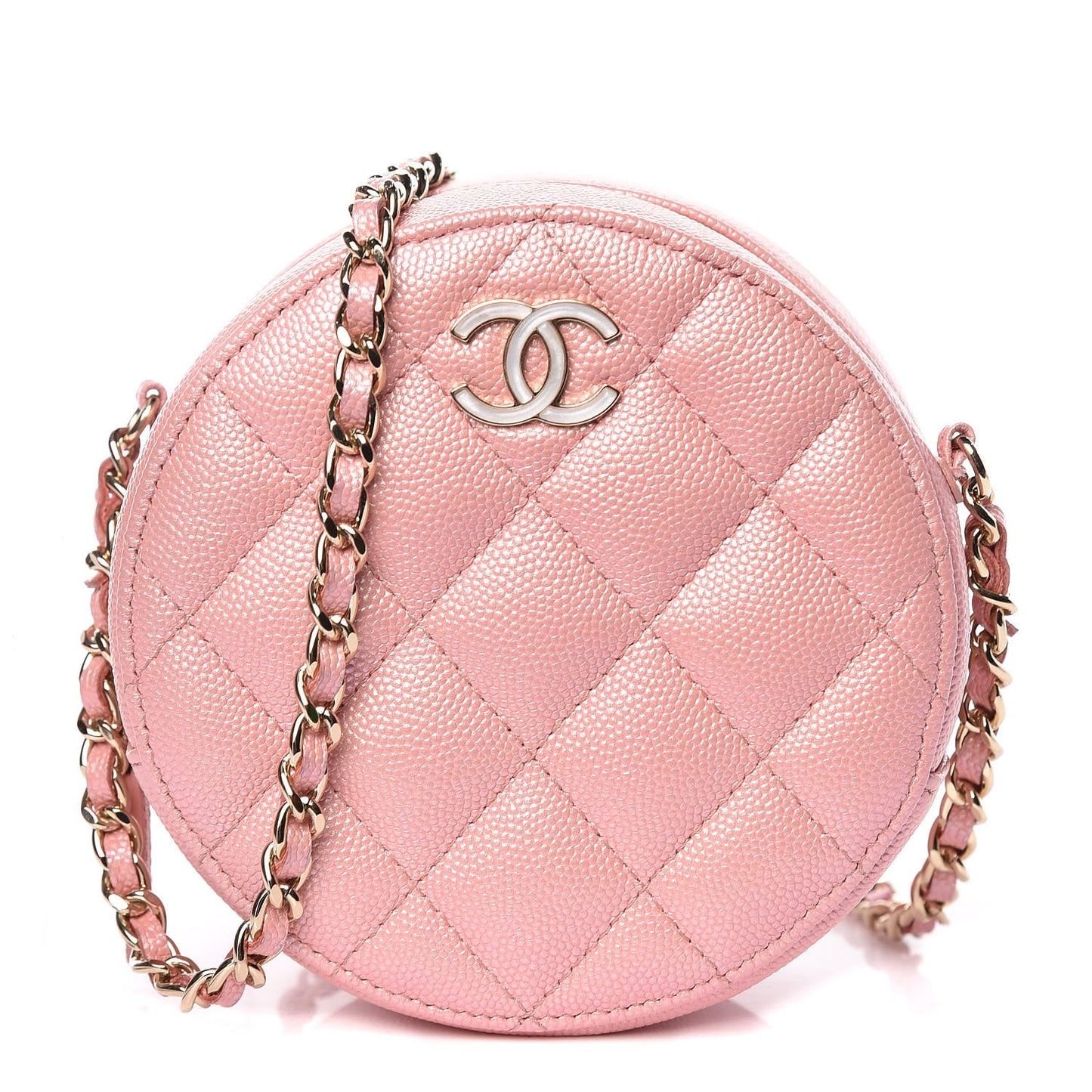 Iridescent Caviar Resin Quilted Round Clutch With Chain Pink