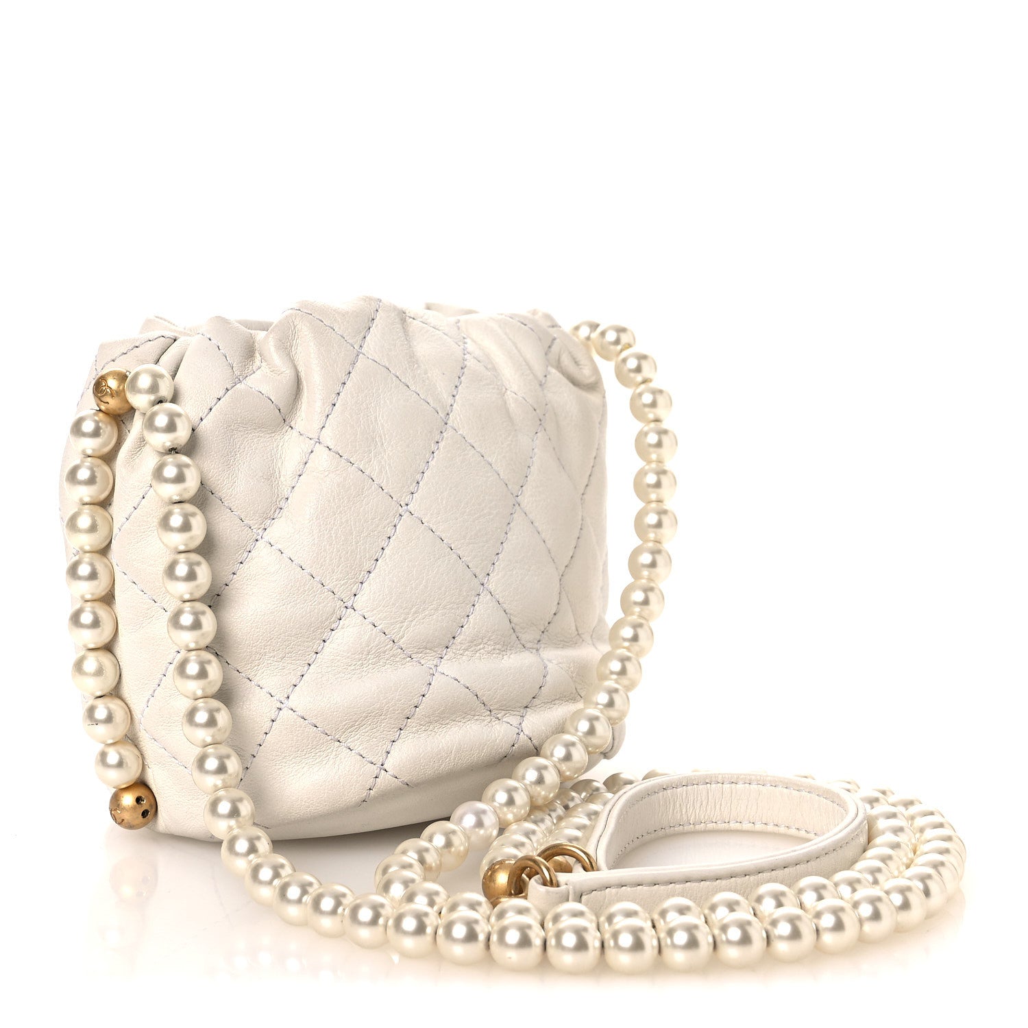 Chanel Calfskin Quilted Pearl Mini About Pearls Drawstring Bucket Bag  White 3 of 11