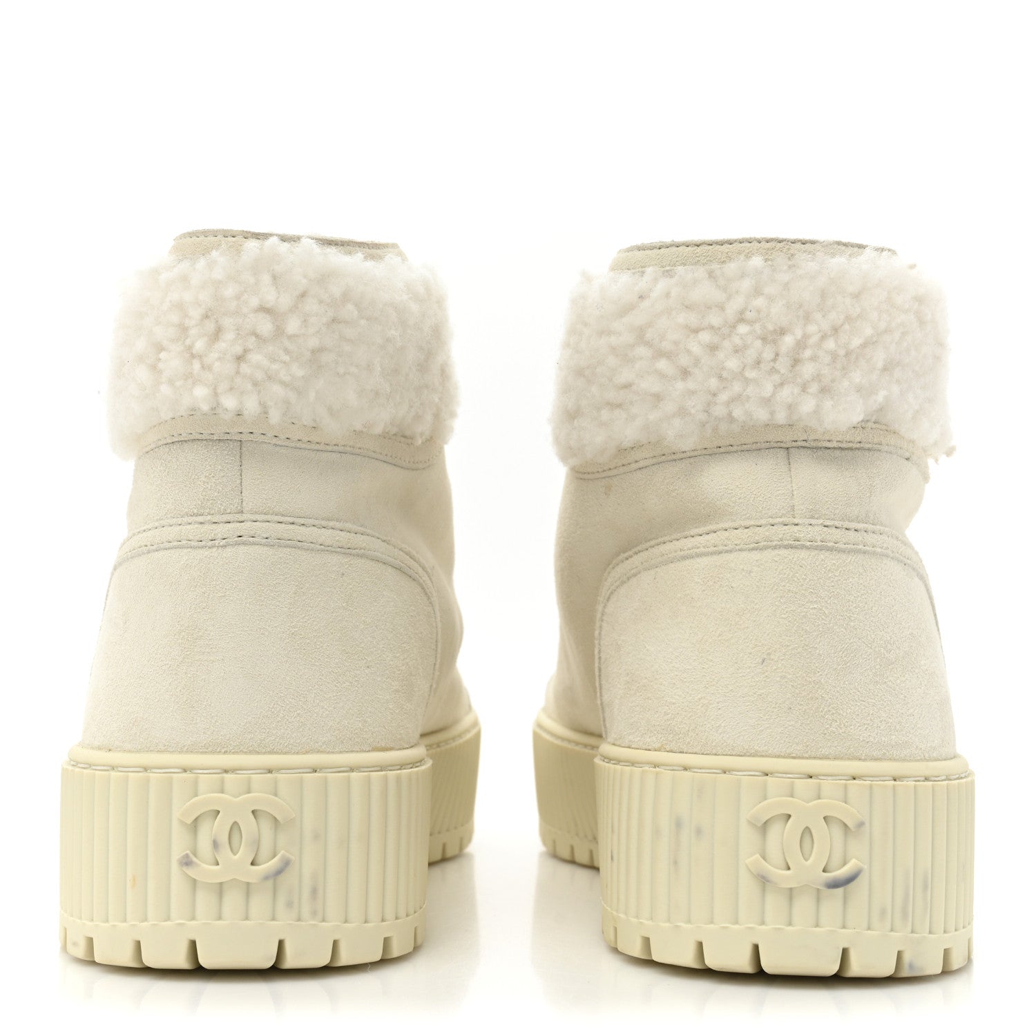 Chanel Kid Suede Shearling Sheepskin Lace Up Boots 39.5 Ivory White Black 4 of 13