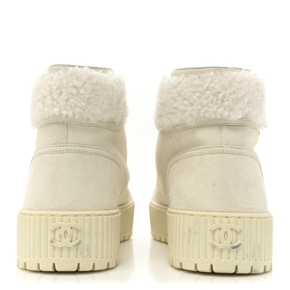 Chanel Kid Suede Shearling Sheepskin Lace Up Boots 39.5 Ivory White Black 4 of 13