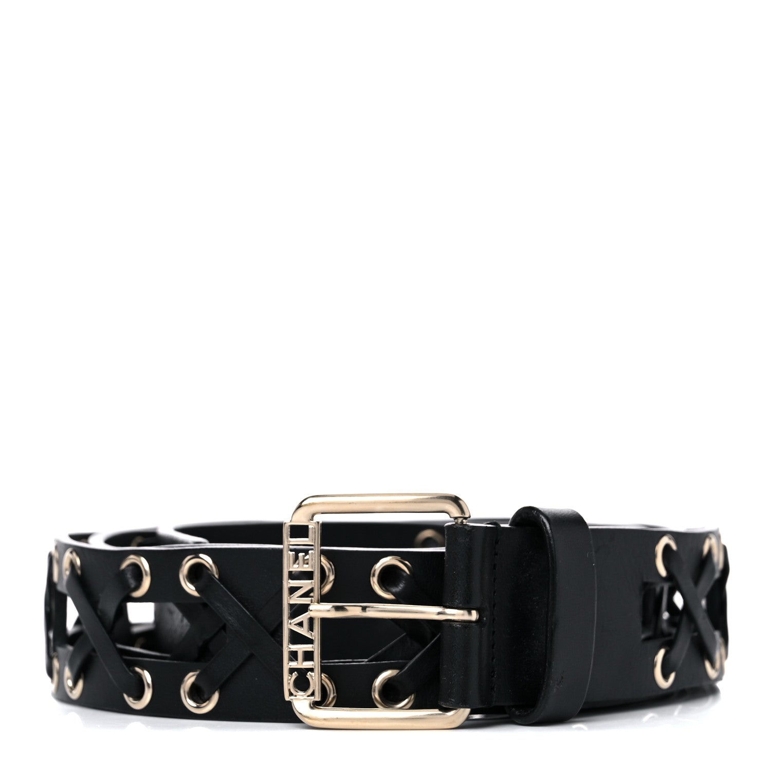 Chanel Calfskin Cross Stitch Grommet Belt 110 44 Black 1 of 5