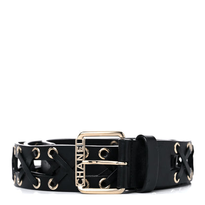 Chanel Calfskin Cross Stitch Grommet Belt 110 44 Black 1 of 5