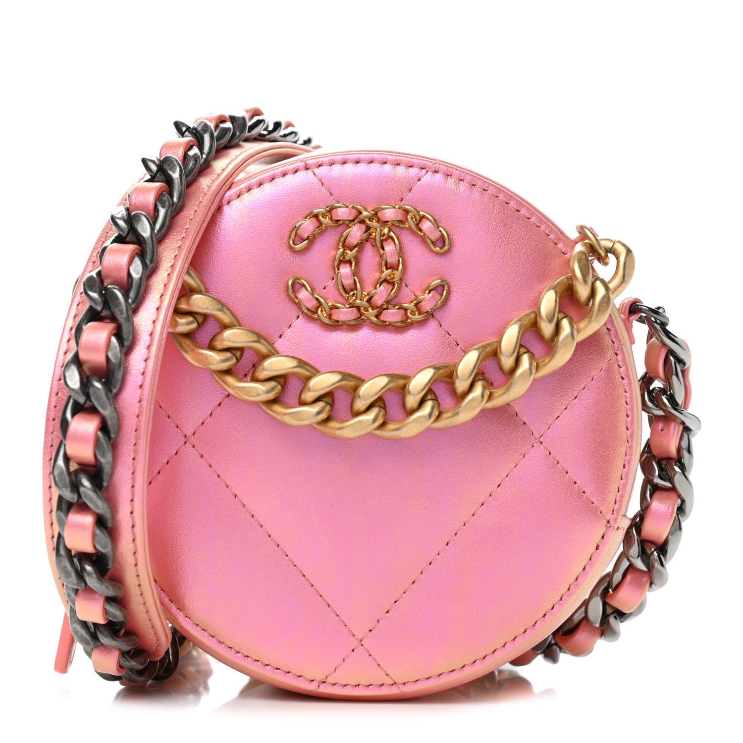 Chanel Iridescent Calfskin Quilted Chanel 19 Round Clutch With Chain Pink 1 of 4