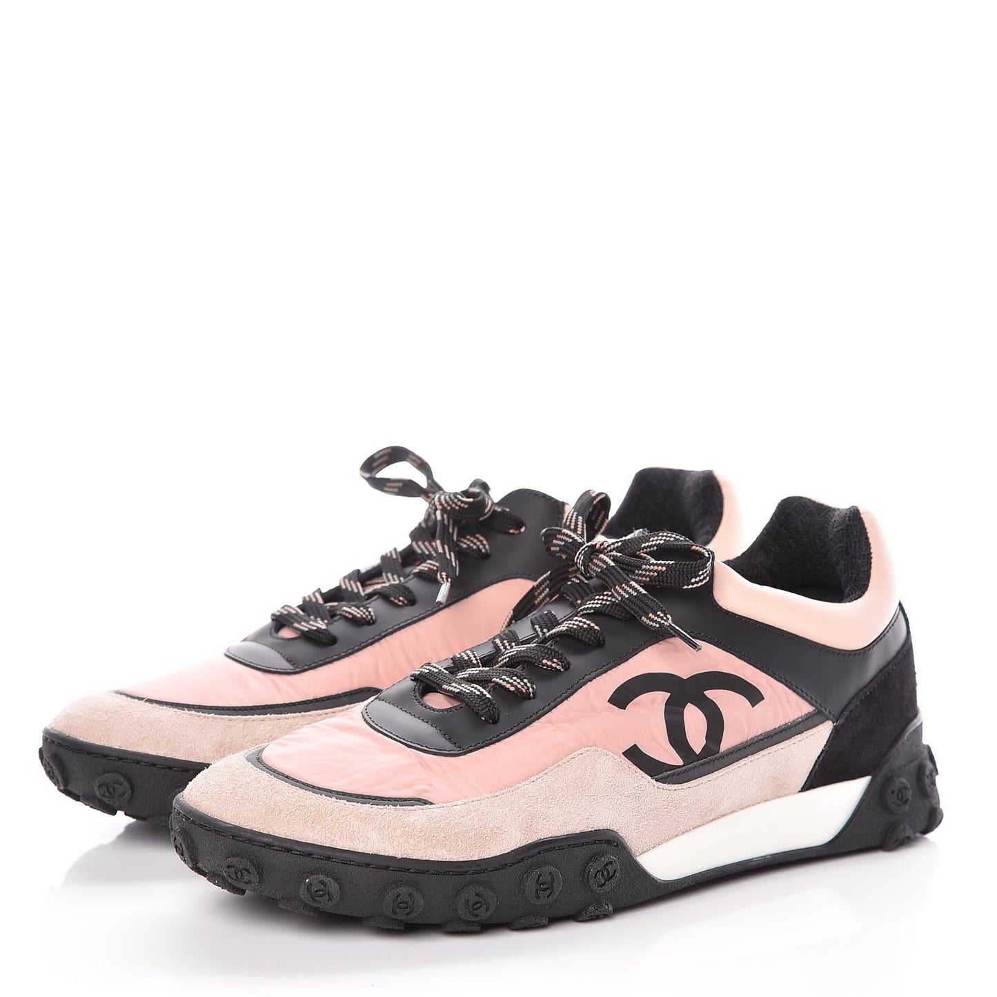 Nylon Calfskin Suede CC Womens Sneakers 39.5 Pink Black