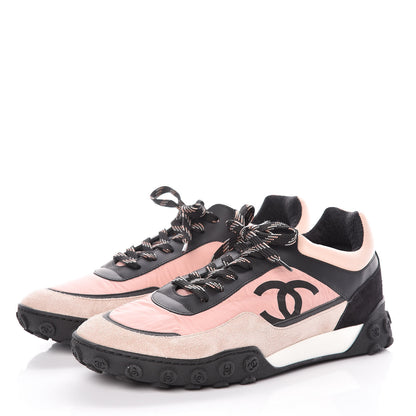 Chanel Nylon Calfskin Suede CC Womens Sneakers 39.5 Pink Black 3 of 11