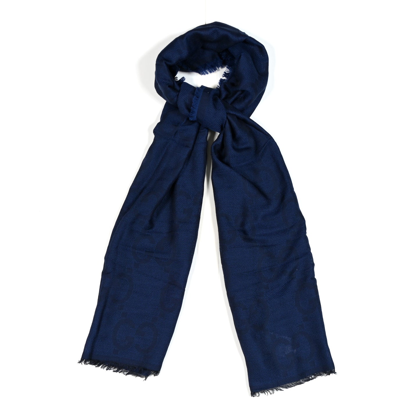 Wool Silk Monogram Jumbo GG Fringe Scarf Navy Blue