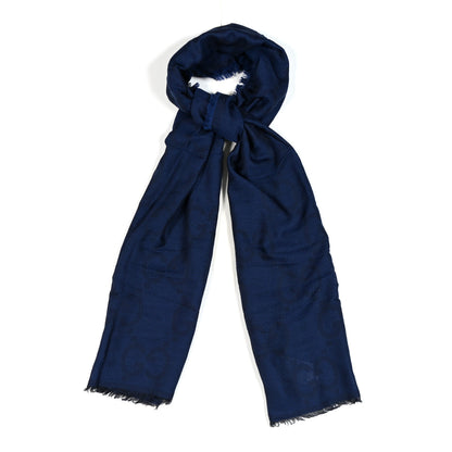 Gucci Wool Silk Monogram Jumbo GG Fringe Scarf Navy Blue 1 of 4