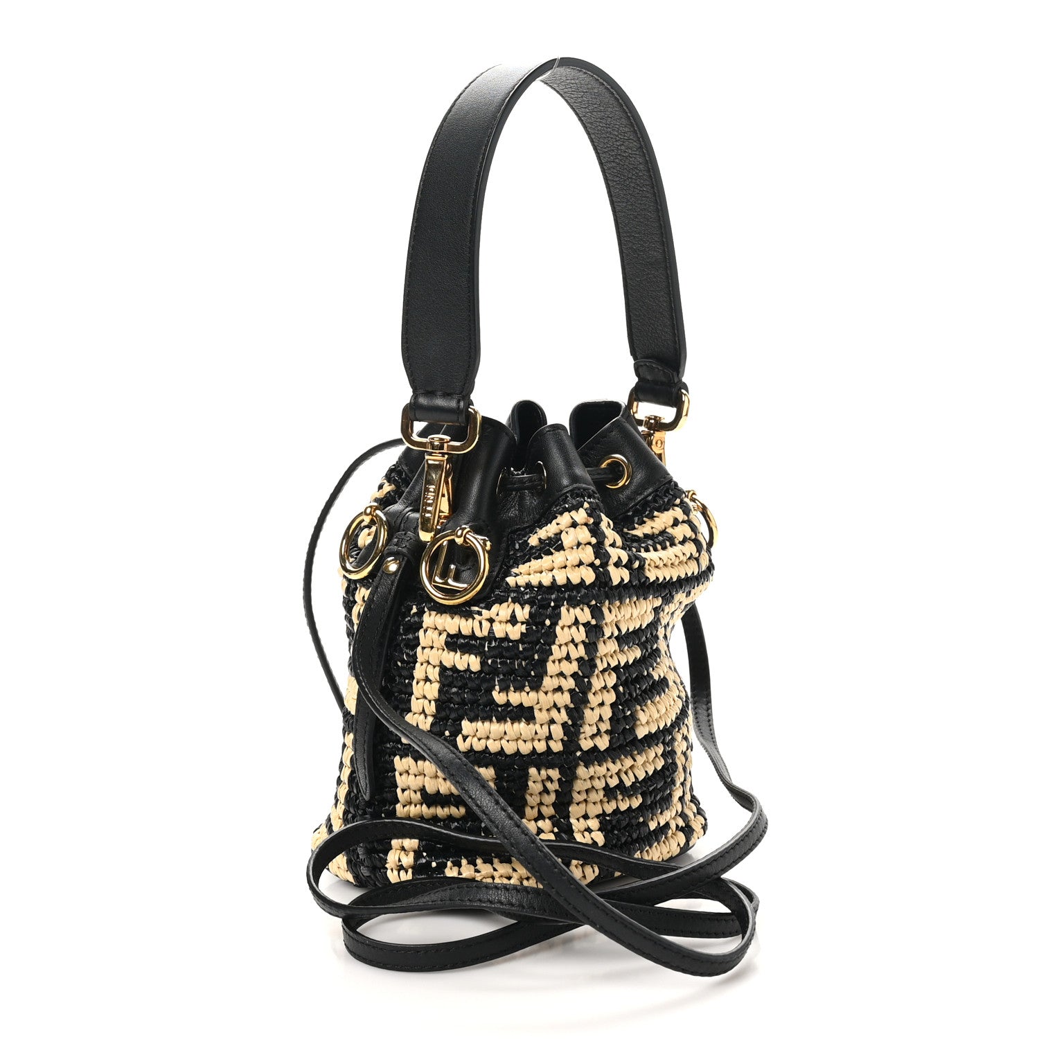 Fendi Raffia Vitello Seta F is Fendi FF Woven Mini Mon Tresor Bucket Bag Black Natural 3 of 10