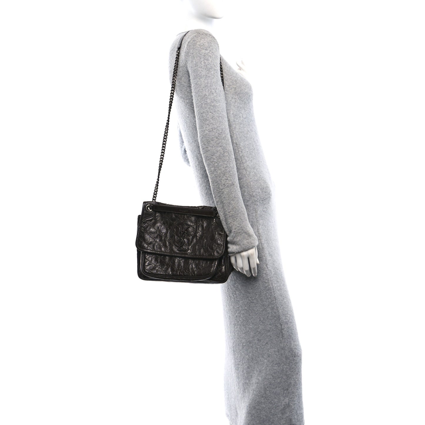 Crinkled Calfskin Matelasse Monogram Medium Niki Chain Satchel Moka