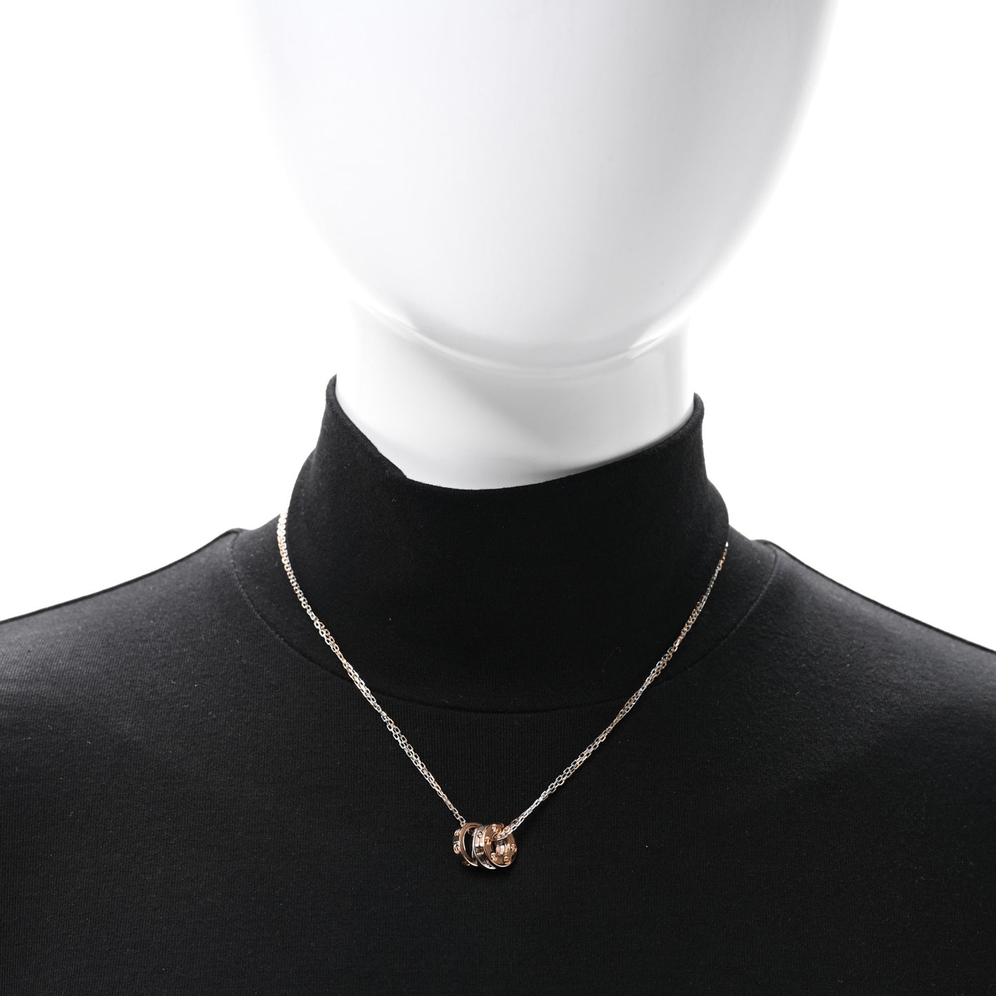 18K White Pink Gold Diamond Three Ring LOVE Pendant Necklace