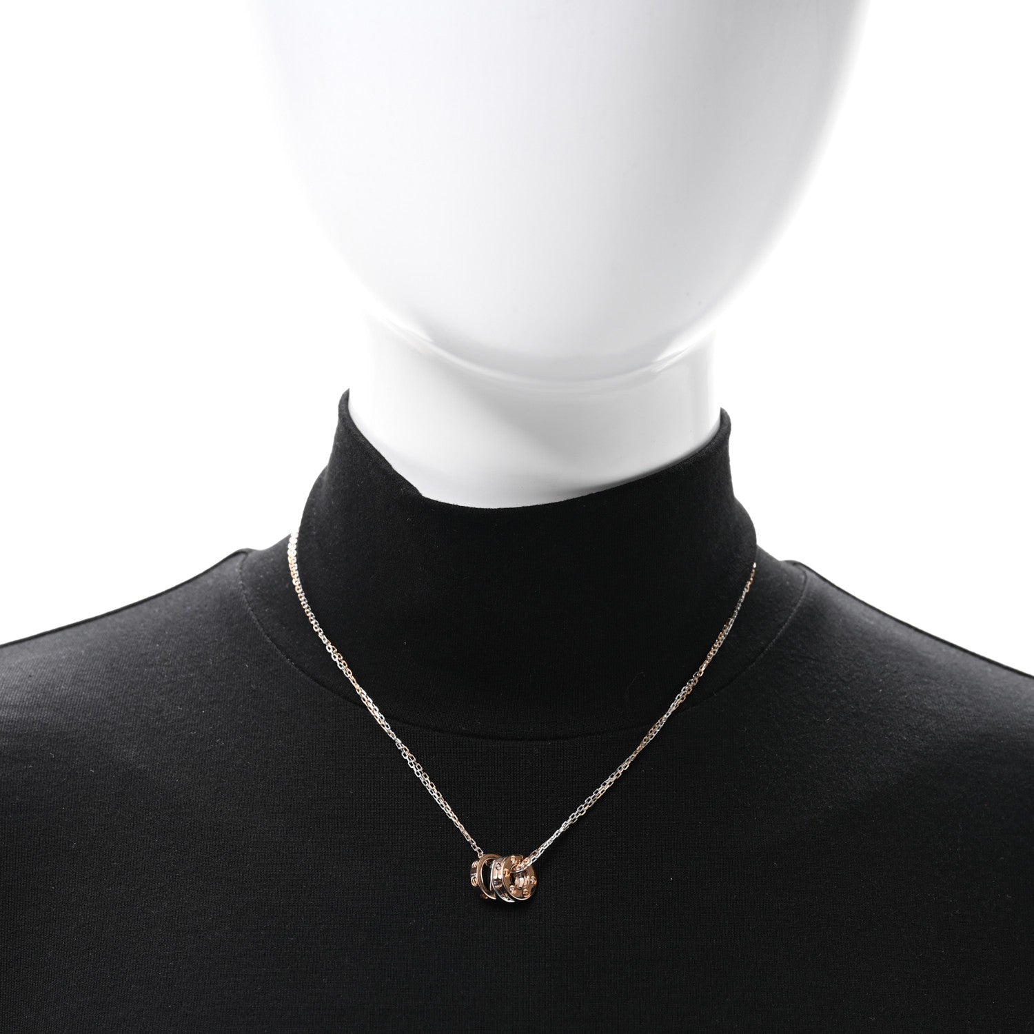 Cartier 18K White Pink Gold Diamond Three Ring LOVE Pendant Necklace 2 of 4