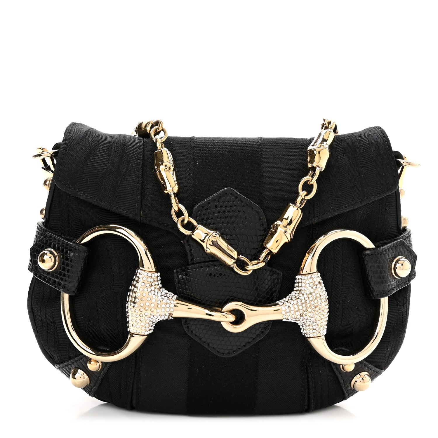 Gucci Canvas Tom Ford Lizard Embossed Crystal Horsebit Flap Bag Black 1 of 11