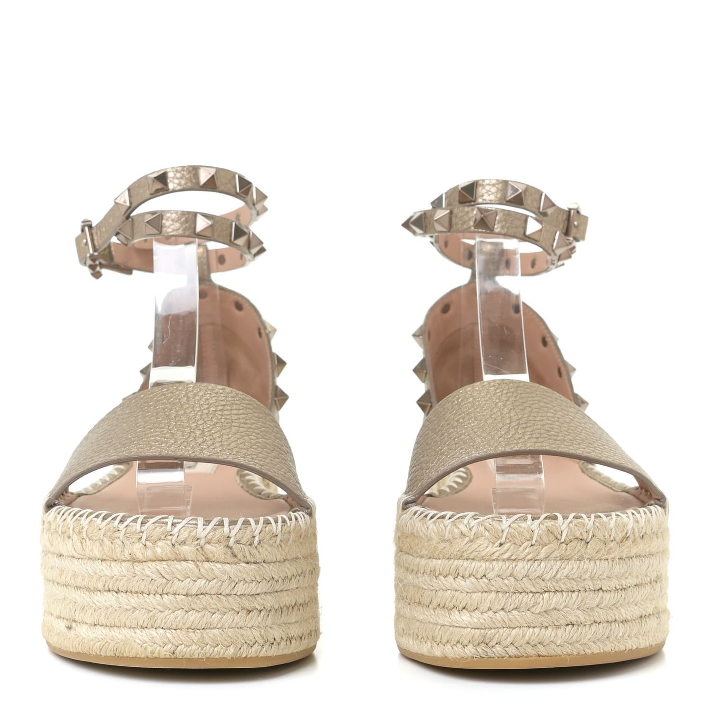 Metallic Grained Calfskin Rockstud Ankle Wrap Espadrille Flatform Sandals 36 Skin Natural