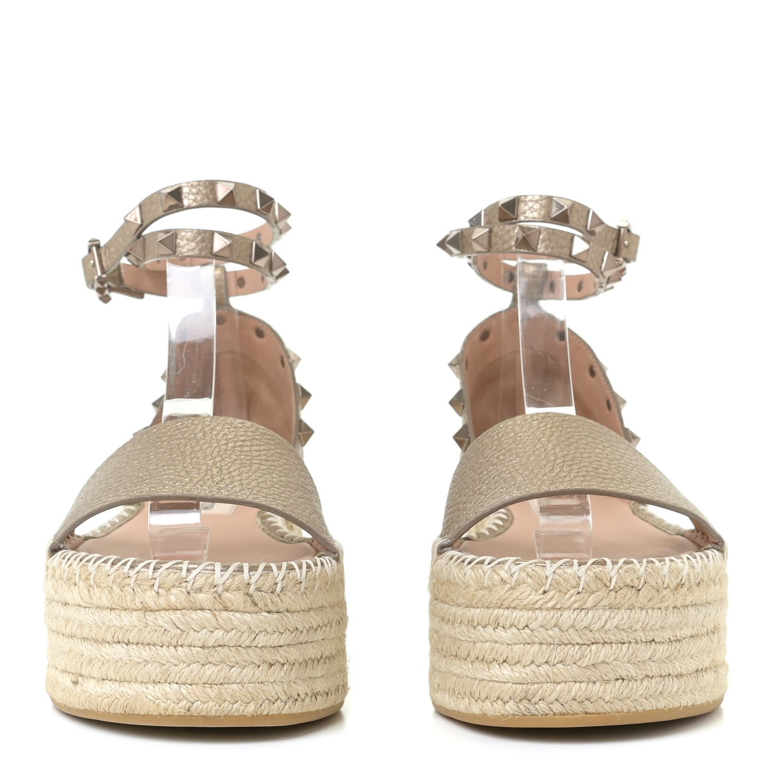 Valentino Garavani Metallic Grained Calfskin Rockstud Ankle Wrap Espadrille Flatform Sandals 36 Skin Natural 4 of 12