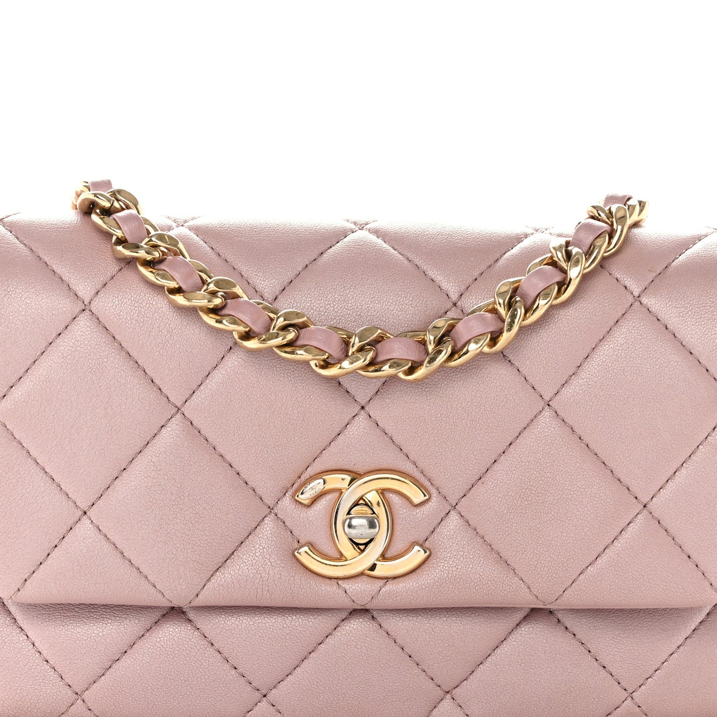 Metallic Lambskin Quilted Logo Charm Chain Flap Pink