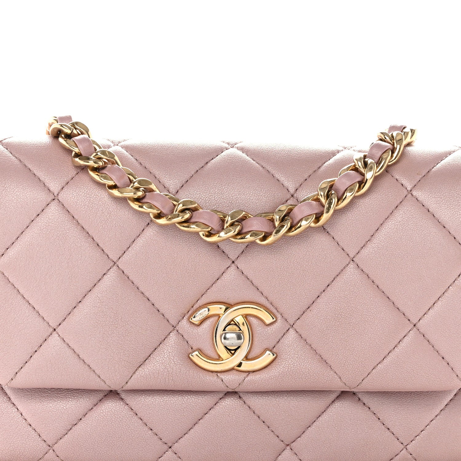 Chanel Metallic Lambskin Quilted Logo Charm Chain Flap Pink 8 of 12