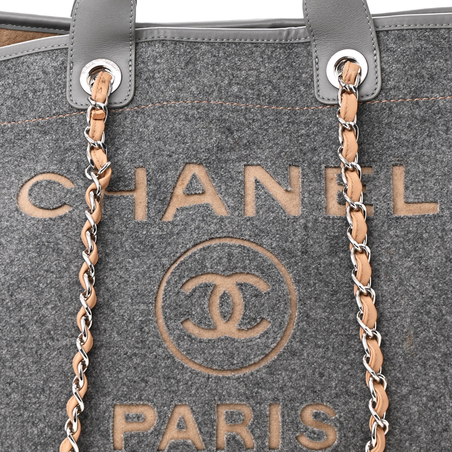 Chanel Wool Felt Calfskin Large Deauville Tote Grey Beige 8 of 13