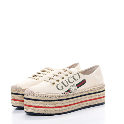 Gucci Canvas Logo Lace-Up Platform Espadrilles 39 Greggio Grege 3 of 8