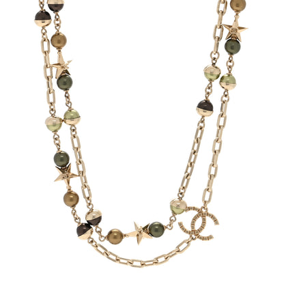 Chanel Beaded Star CC Long Necklace Green Gold 1 of 5