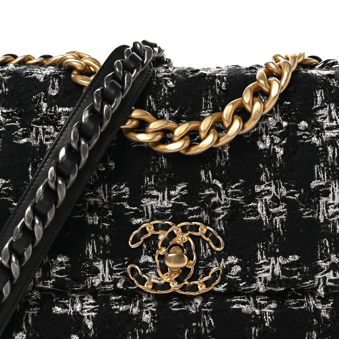 Tweed Quilted Medium Chanel 19 Flap Black Silver Ecru