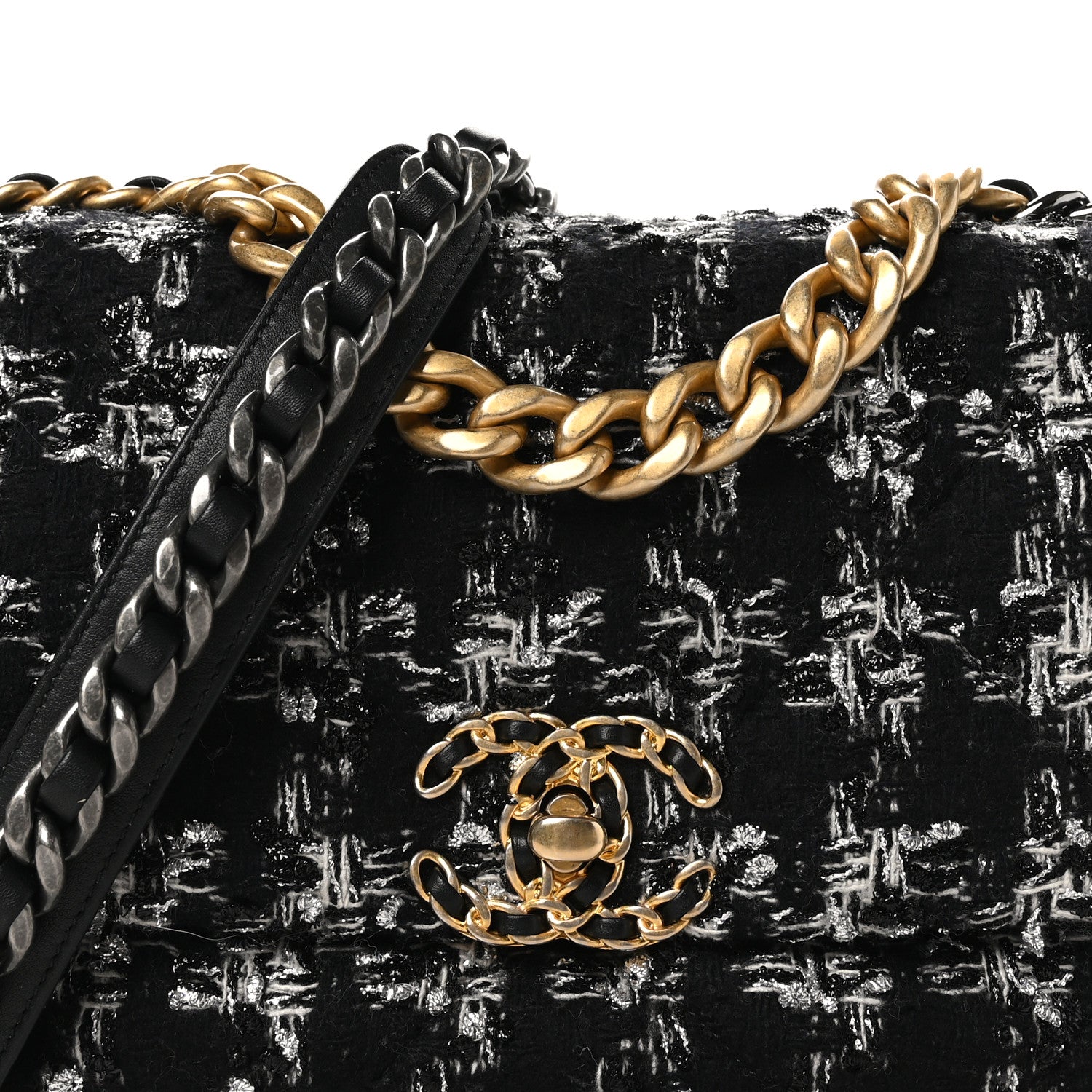 Chanel Tweed Quilted Medium Chanel 19 Flap Black Silver Ecru 8 of 10