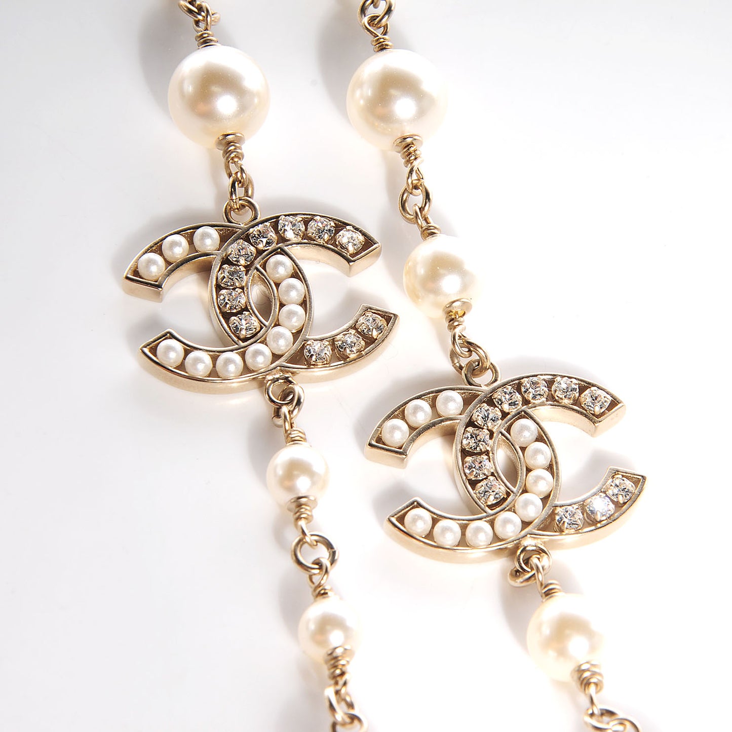 Crystal Pearl CC Long Necklace Gold