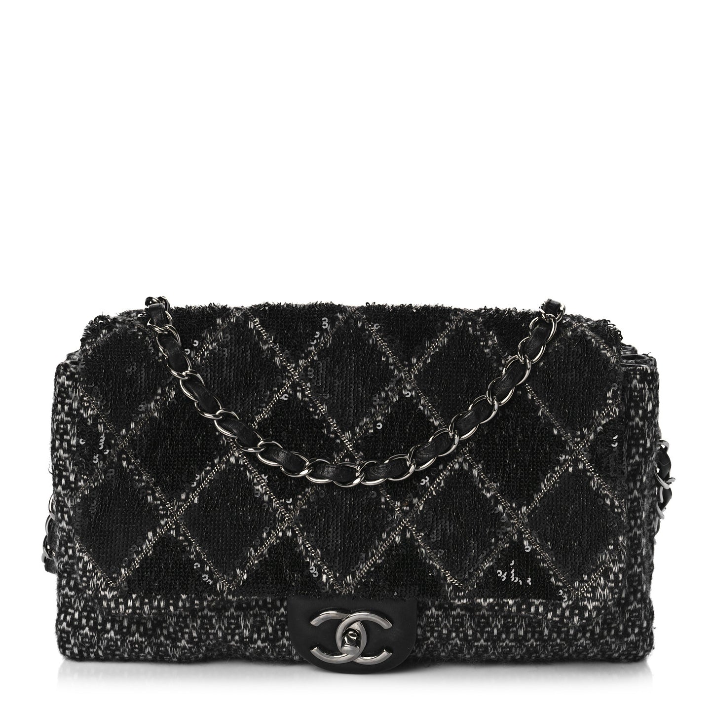 Sequin Tweed Icons Large Accordion 3 Flap Black