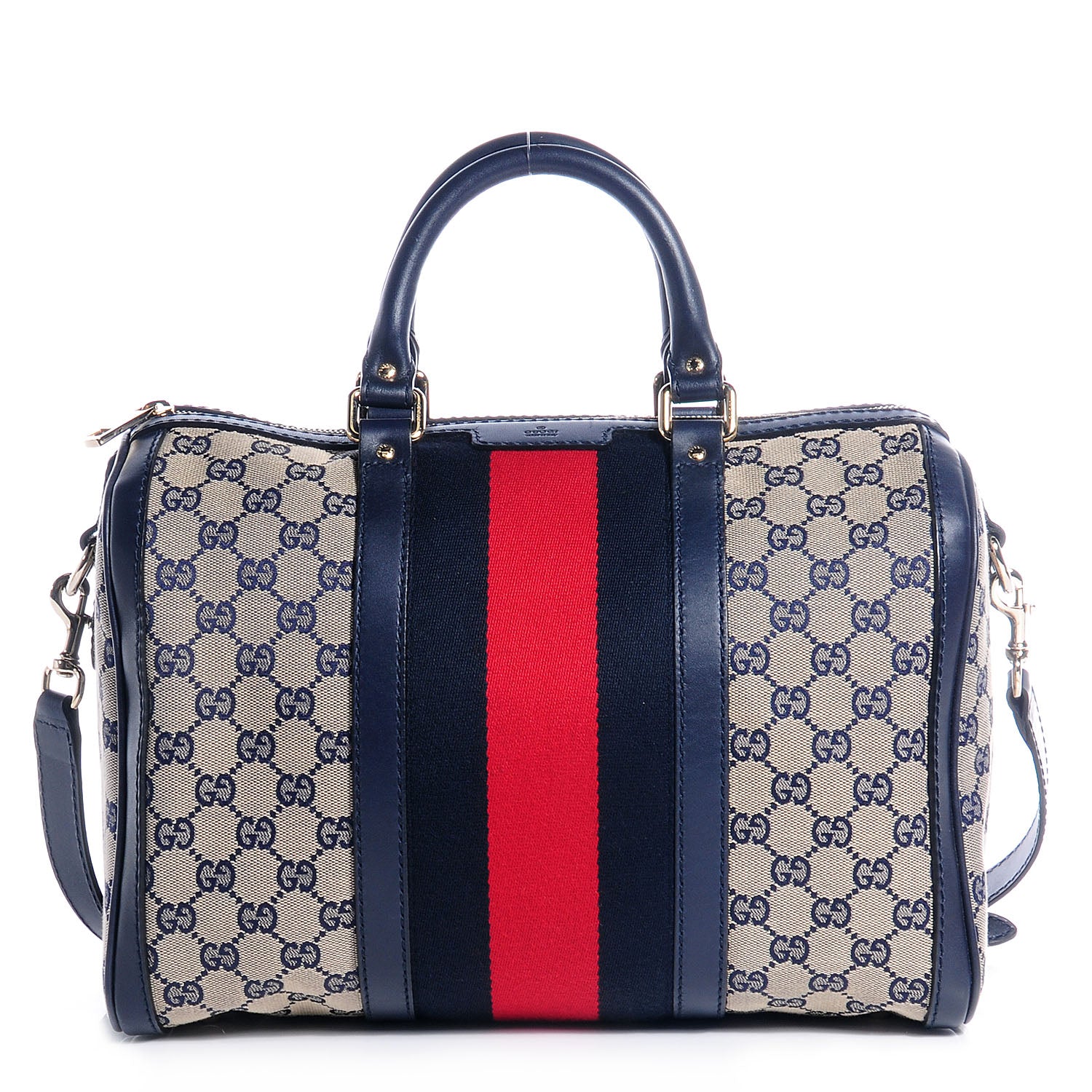 Gucci Monogram Selleria Calfskin Vintage Web Medium Boston Beige Blue 1 of 7
