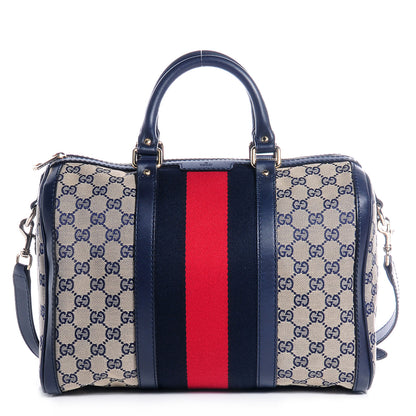 Gucci Monogram Selleria Calfskin Vintage Web Medium Boston Beige Blue 1 of 7