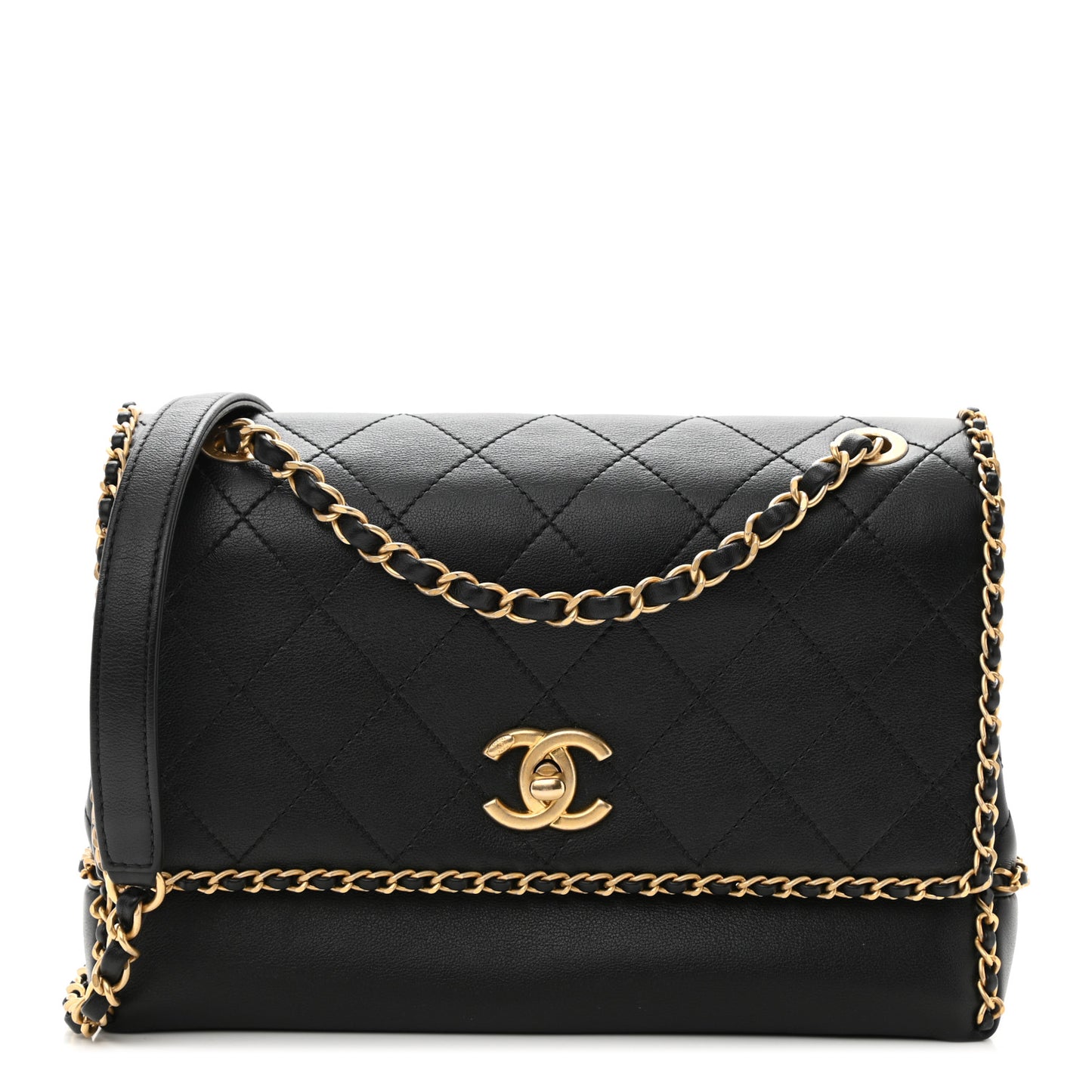 Calfskin Stitched Chain Flap Black