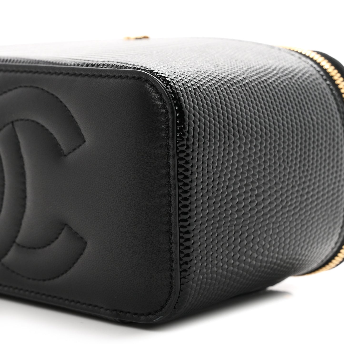 Calfskin Lizard Embossed Top Handle Vanity With Chain Black