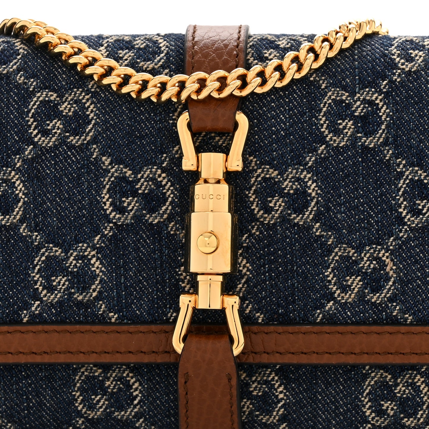 New Denim GG Monogram Jackie 1961 Chain Wallet Blue Tea Cuir