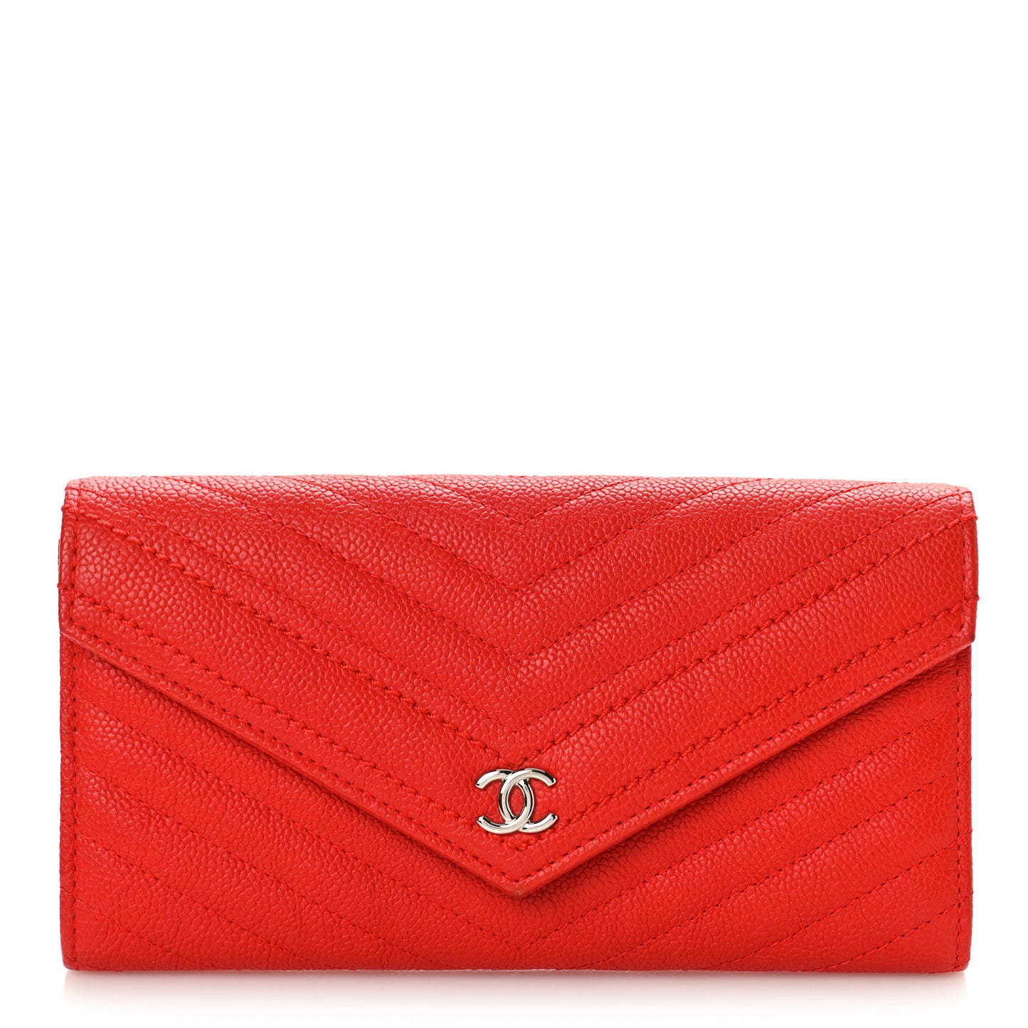 Caviar Chevron Quilted Large Gusset Flap Wallet Red
