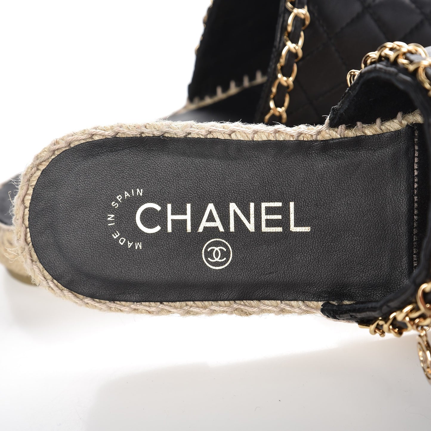 Lambskin Grosgrain Quilted CC Chain Espadrille Mules 39 Black