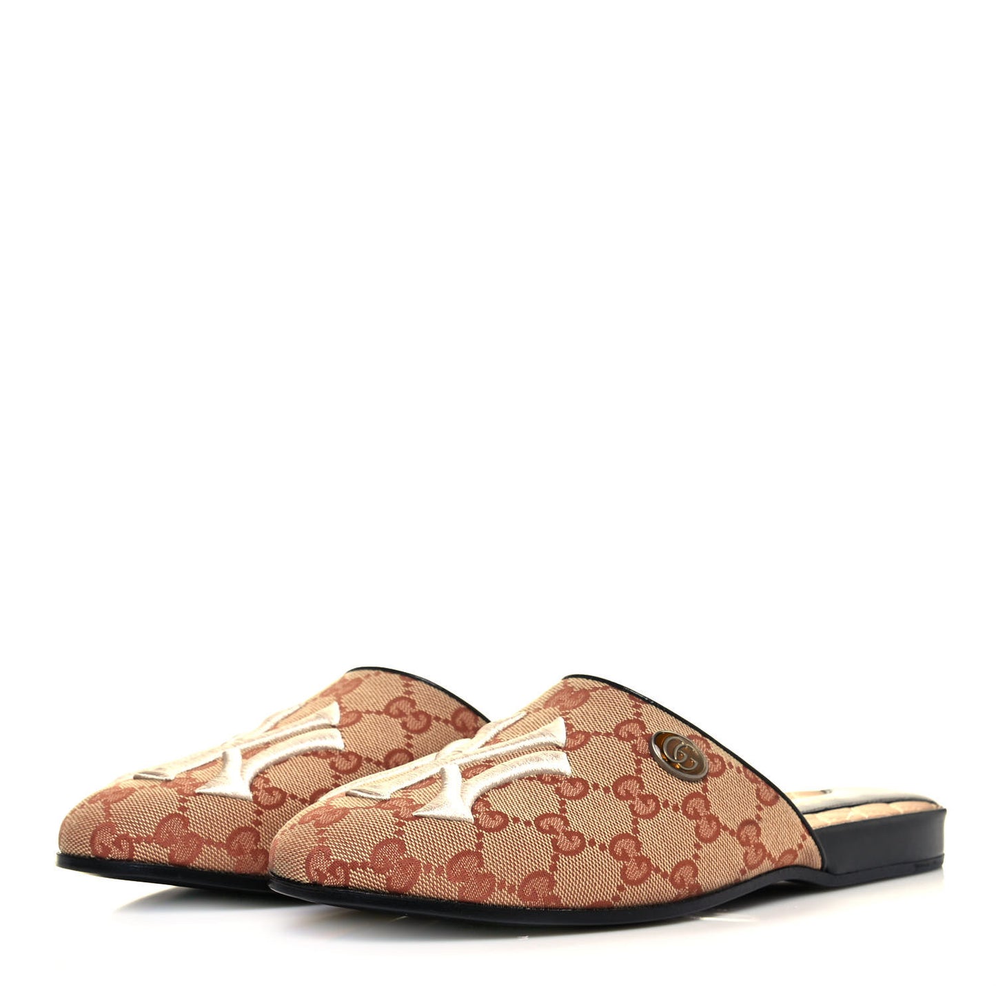X MLB Monogram NY Yankees Embroidered Womens GG Slippers 38.5 Beige Ruggine