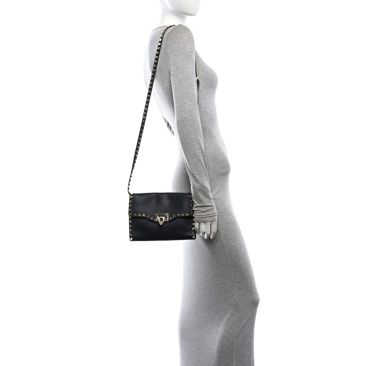 Pebbled Calfskin Medium Rockstud Flip Lock Crossbody Bag Black