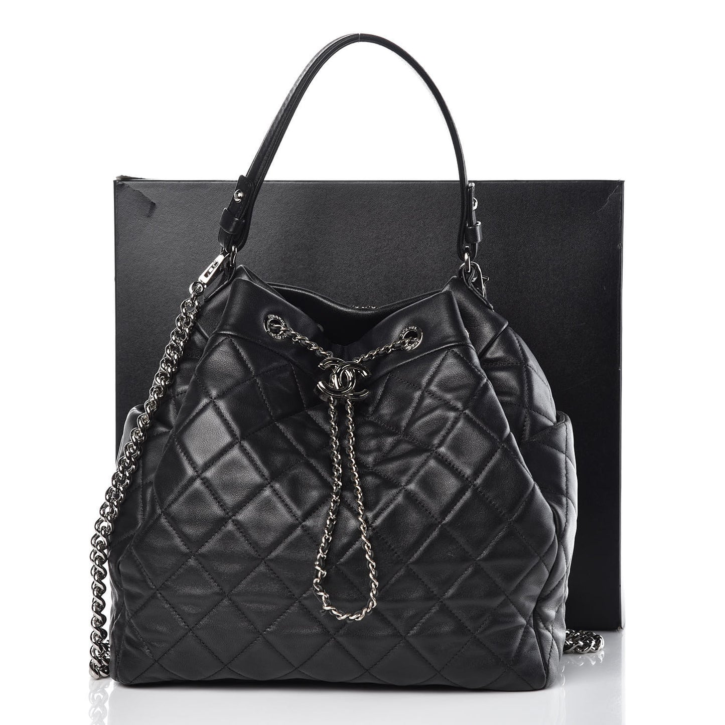Lambskin Quilted CC Chain Bucket Bag Black