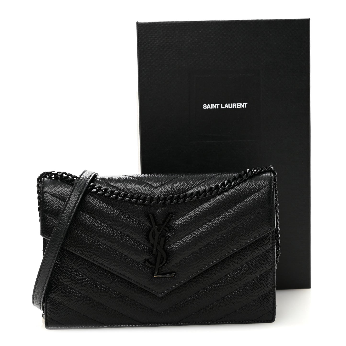 Grain De Poudre Matelasse Chevron Monogram Monochrome Envelope Chain Wallet Black