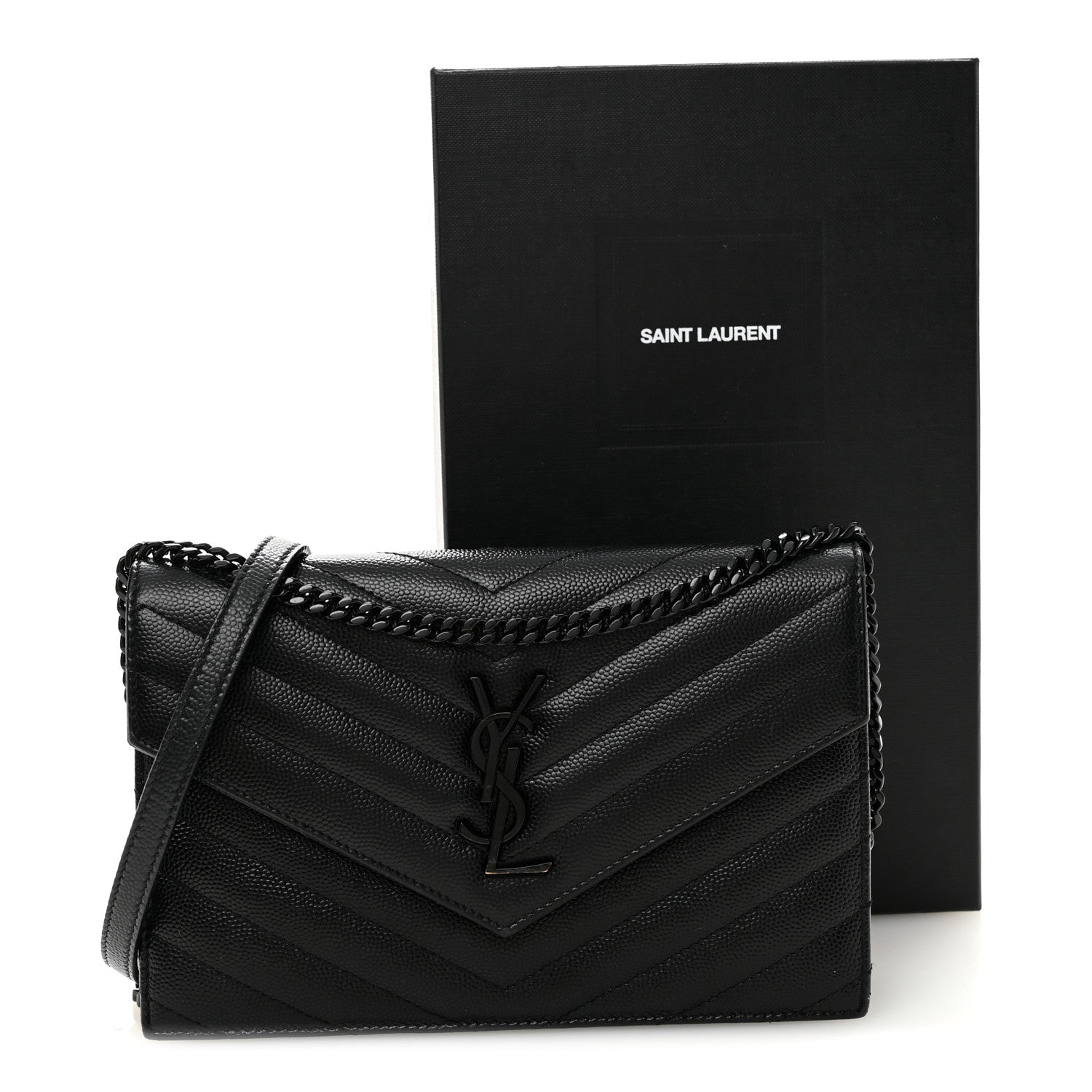 Saint Laurent Grain De Poudre Matelasse Chevron Monogram Monochrome Envelope Chain Wallet Black 12 of 12
