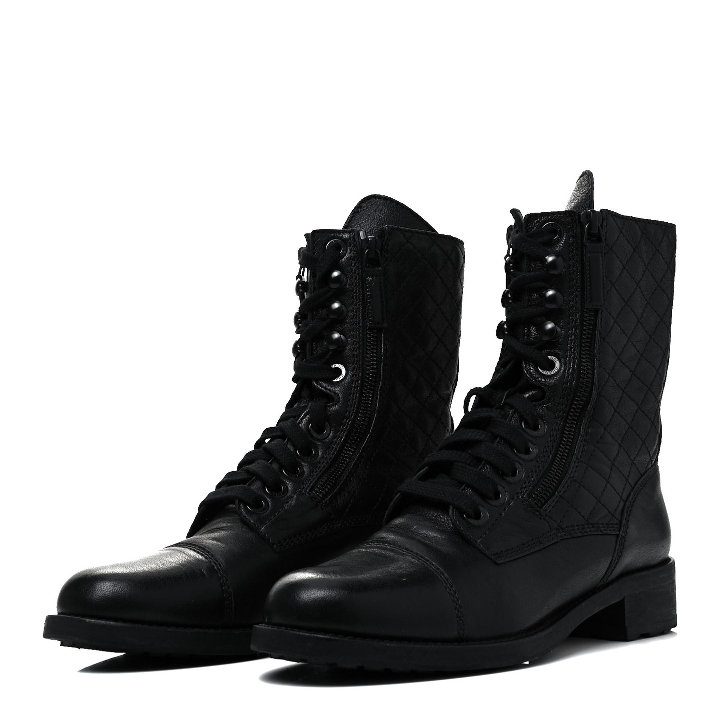 Calfskin Quilted Lace Up Combat Boots 39 Black