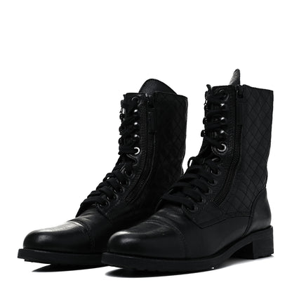 Chanel Calfskin Quilted Lace Up Combat Boots 39 Black 3 of 7