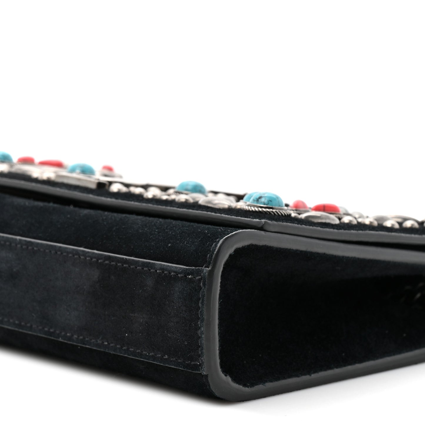 Suede Small Monogram Stone Studded Kate Satchel Black Turquoise Coral