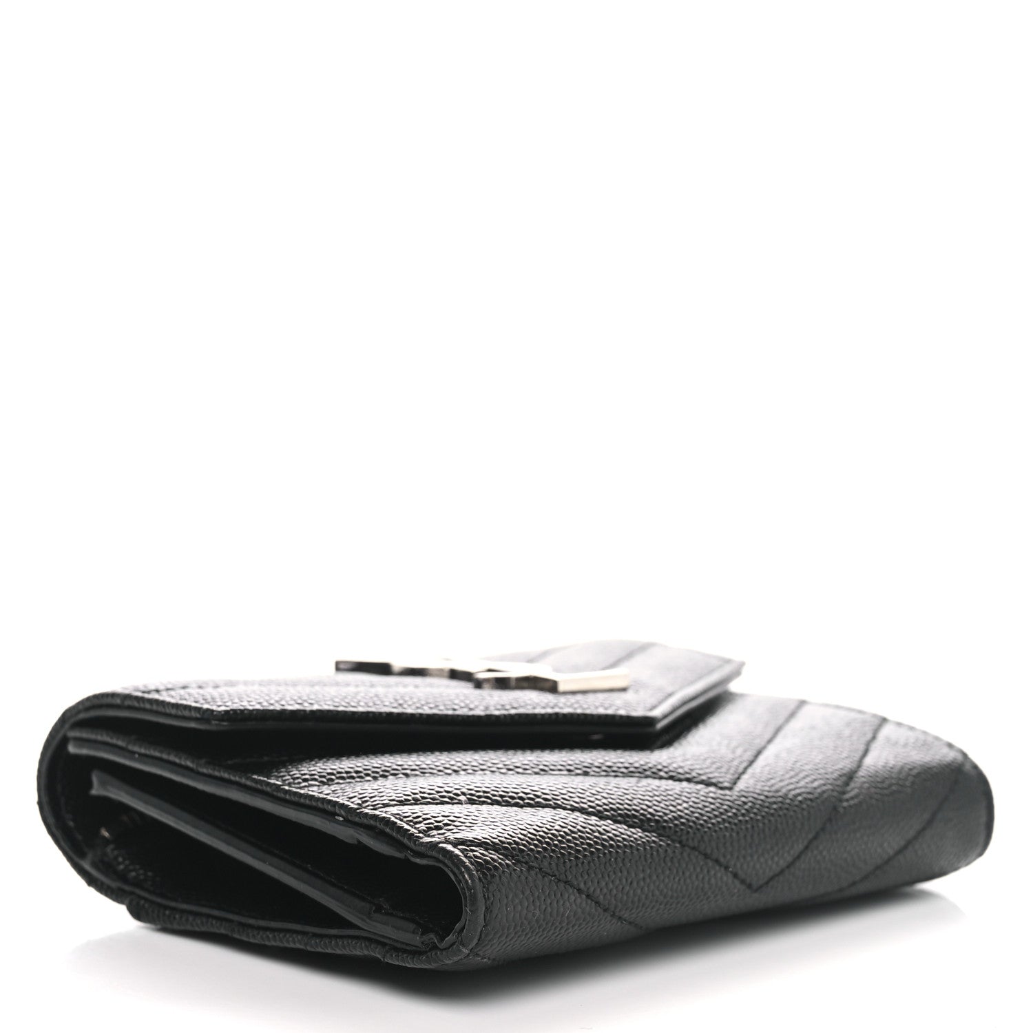 Saint Laurent Grain De Poudre Matelasse Chevron Monogram Compact Tri Fold Wallet Black 4 of 7