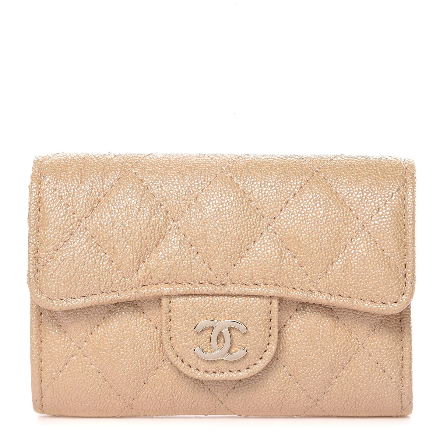 Iridescent Caviar Quilted Flap Card Holder Beige