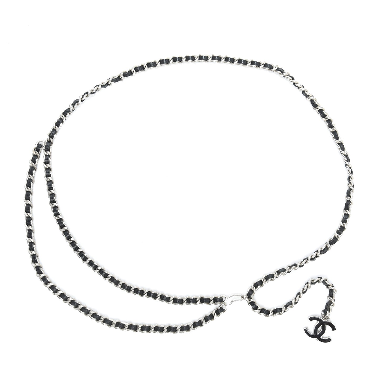 Lambskin Enamel CC Chain Belt Black Silver
