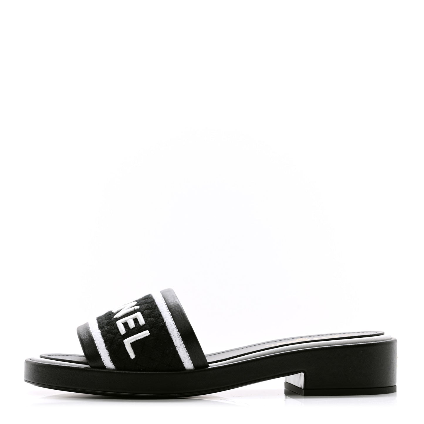 Lambskin Embroidered CC Mule Sandal 41 Black White