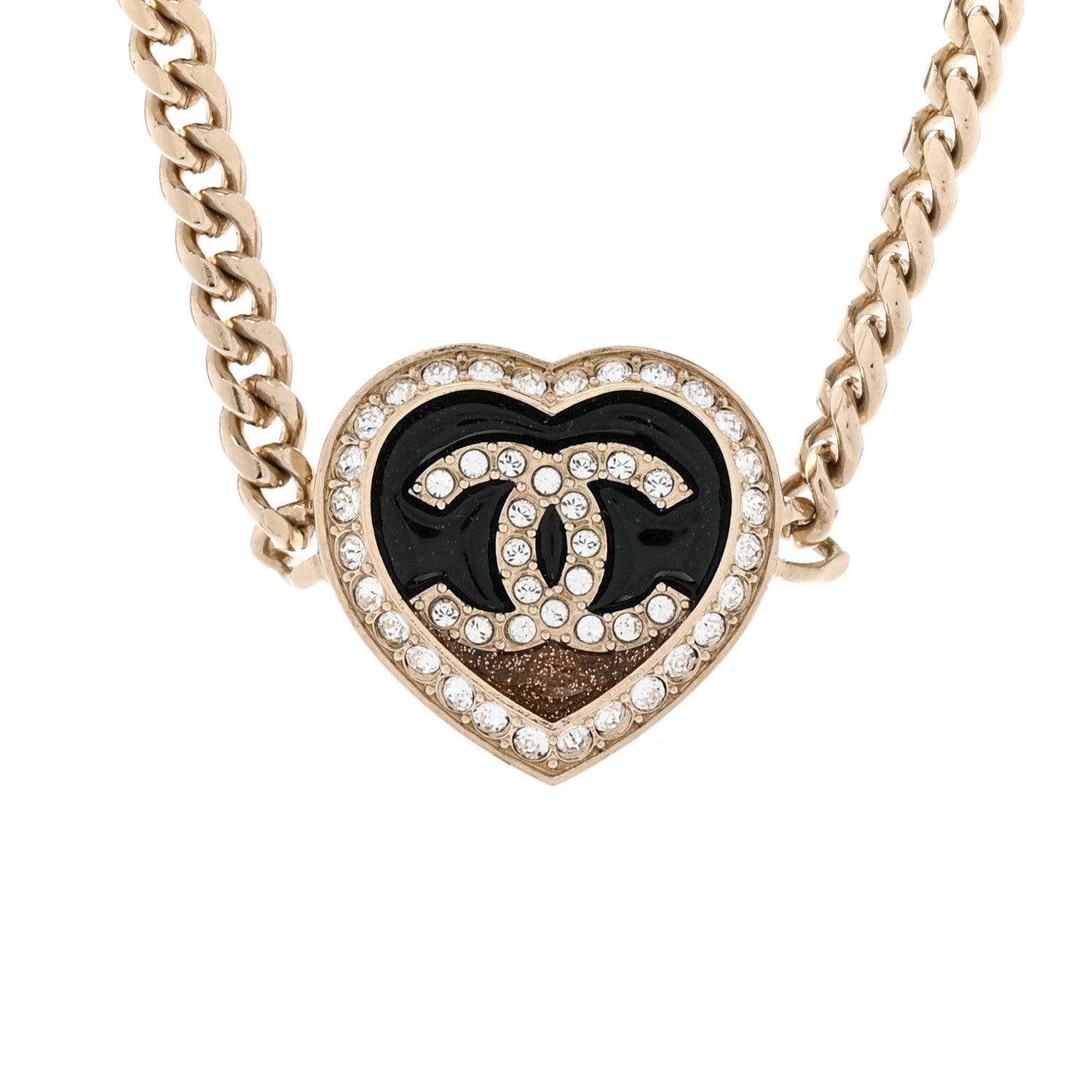 Chanel Resin Crystal Glitter CC Heart Choker Necklace Black Gold 4 of 6