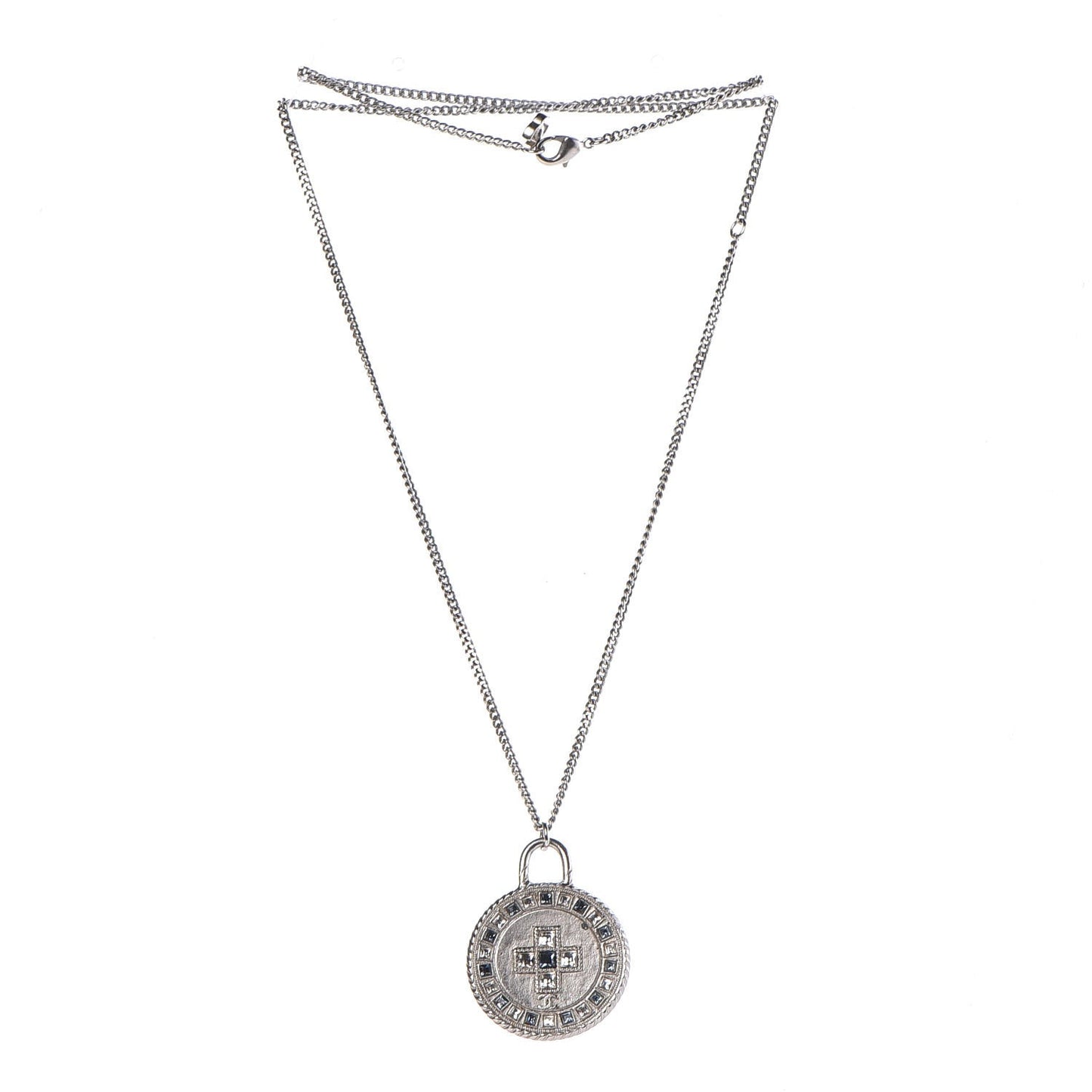 Crystal CC Medallion Necklace Silver Light Blue
